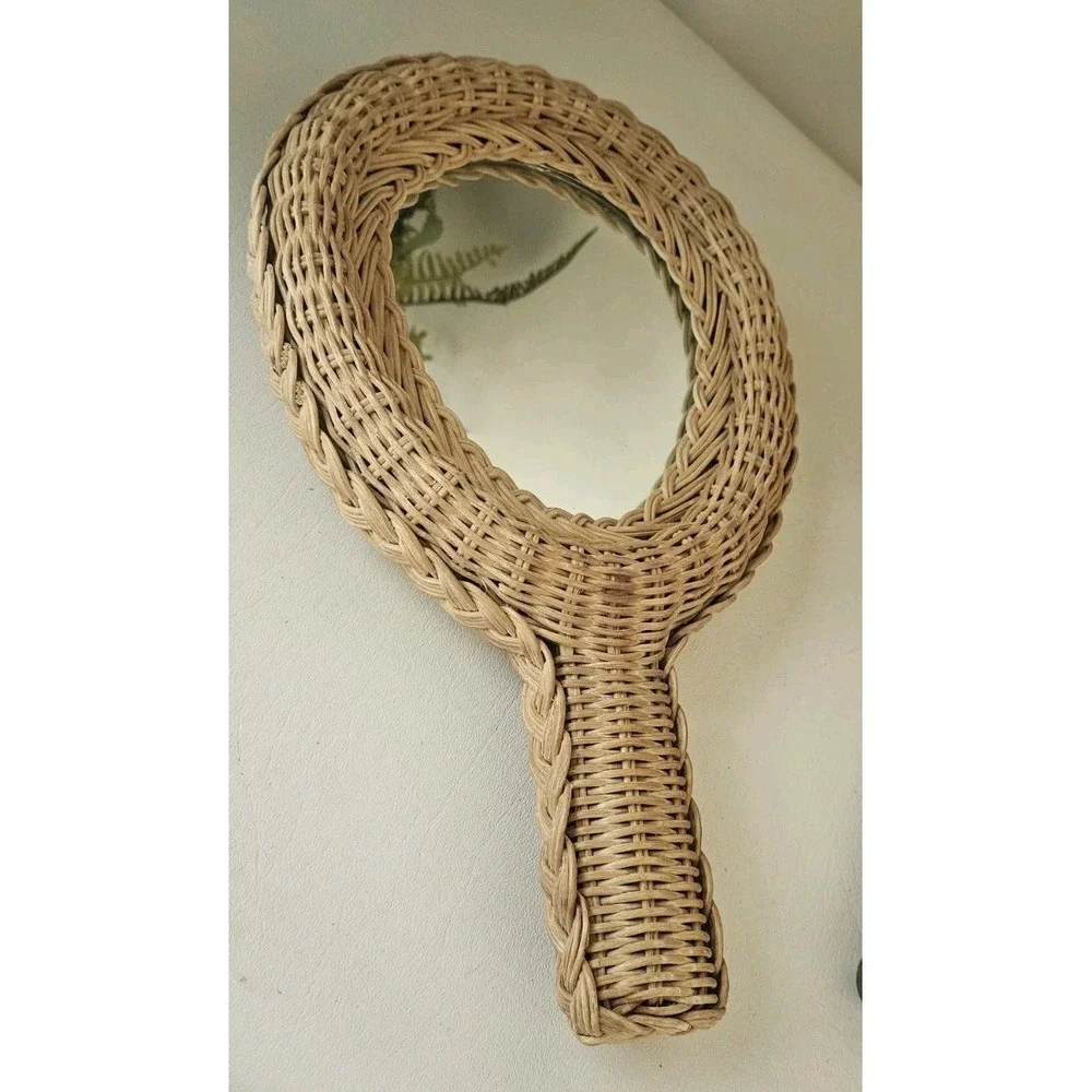 Wicker Rattan Hand Held Mirror Two Sided Vintage 1970's Woven/Braided